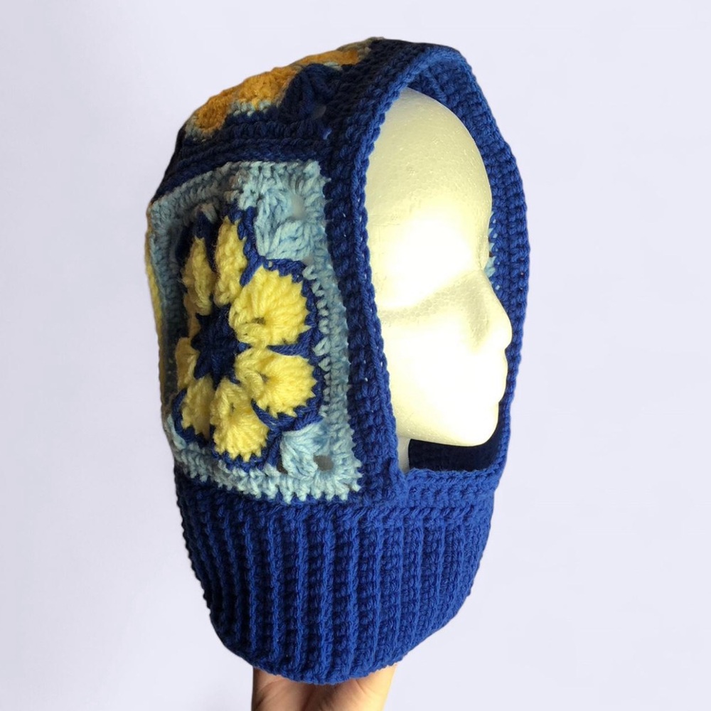 crochet blue and yellow african flower granny square balaclava HANDMADE